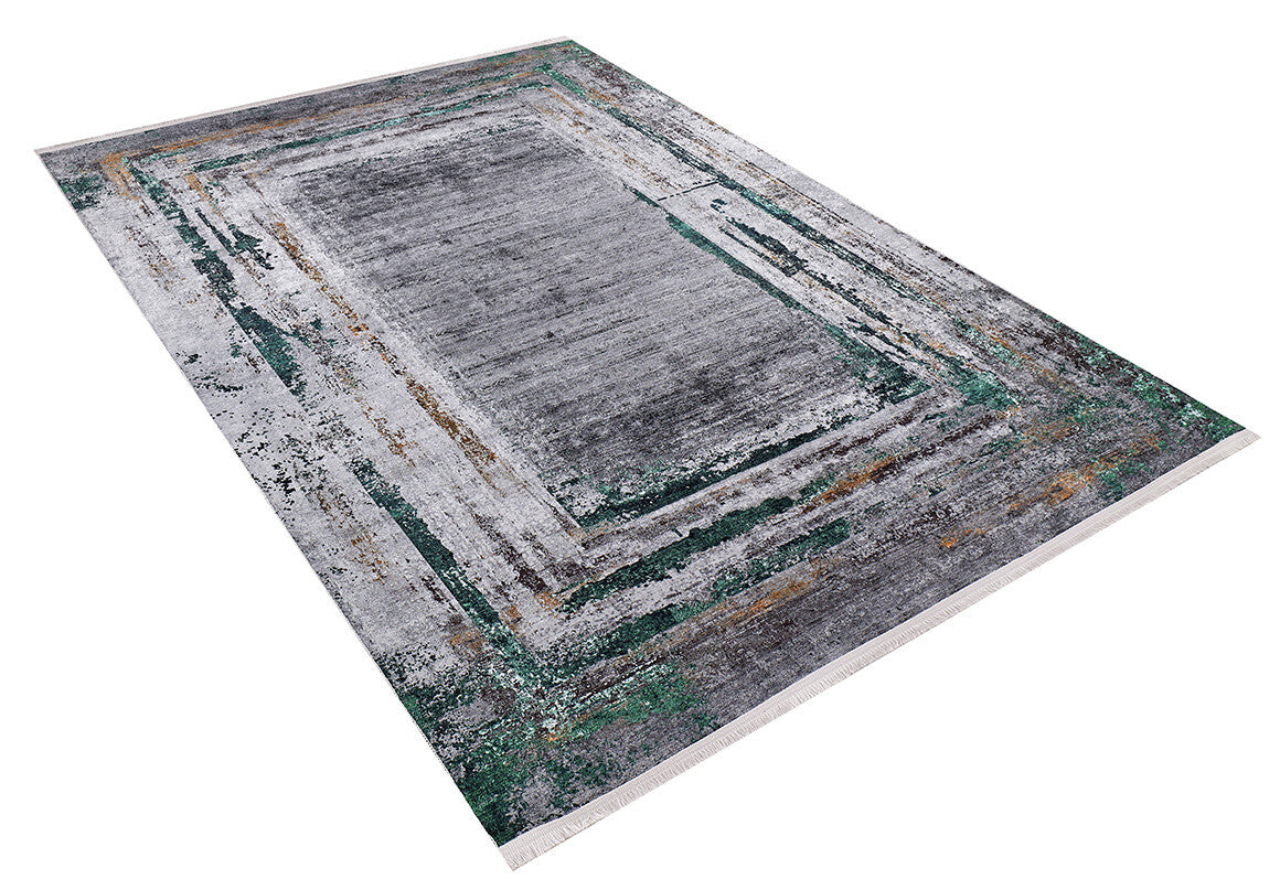 The Traditional and Classic - Washable Rug - JR1543 (Custom Size) is a large rectangular rug with layered rectangular patterns in gray, green, and brown on a white background, featuring a distressed design and fully washable.