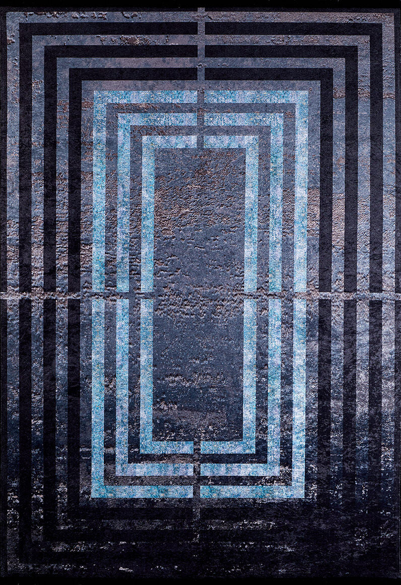 The Traditional and Timeless - Washable Rug - JR1408 (Custom Size) features blue and black concentric rectangles on a textured, metallic-look surface—ideal for adding modern style to high-traffic areas.