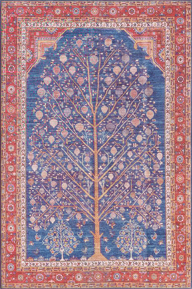 The Tree of Plenty Red Blue Washable Rug - LCC3031 (Custom Size) showcases a large floral tree on a blue background, bordered in red and gold—ideal for allergy-sensitive homes or high-traffic areas and easy to clean.