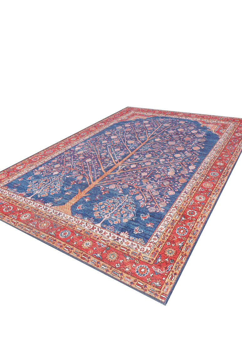 The Tree of Plenty Red Blue Washable Rug - LCC3031 (Custom Size) features a blue field with a tree of life and intricate floral patterns, framed by a wide red border—washable and perfect for high-traffic areas.