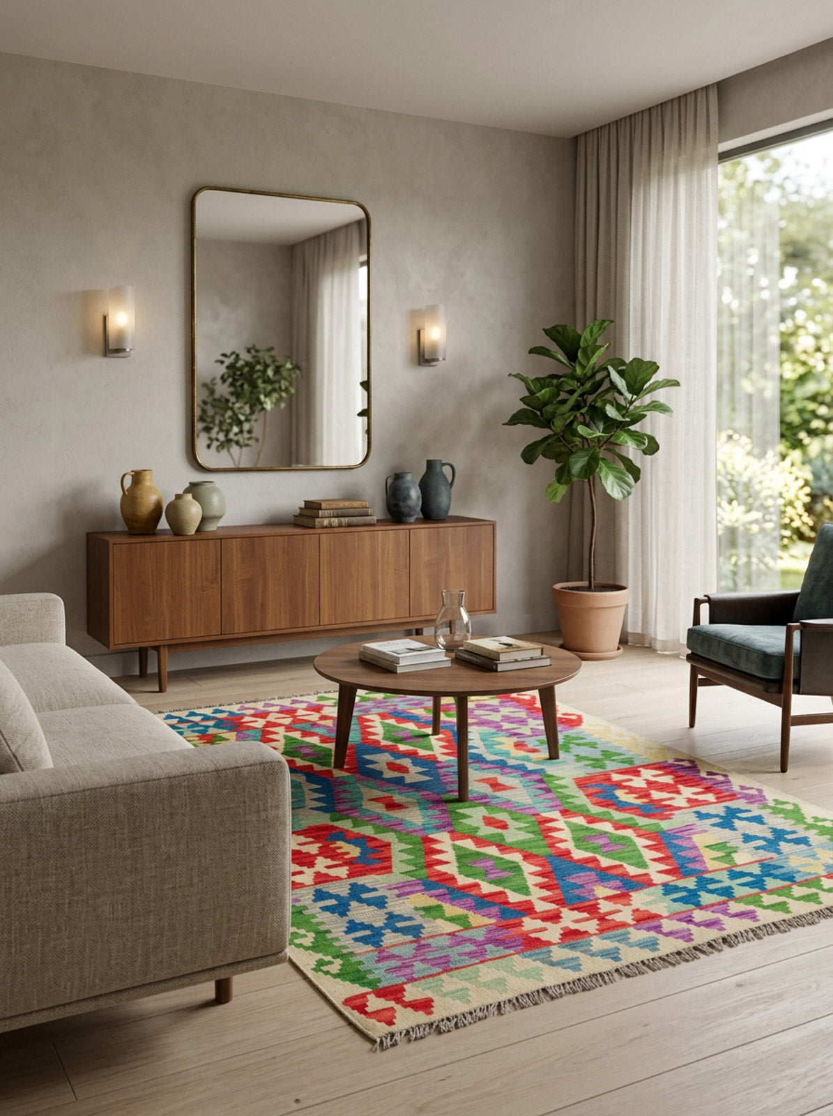 Modern living room featuring the Tribal Essence - Handwoven Kilim rug, beige sofa, round wooden coffee table, mid-century sideboard, large mirror, potted plant, armchair, and sheer curtains allowing in natural light.