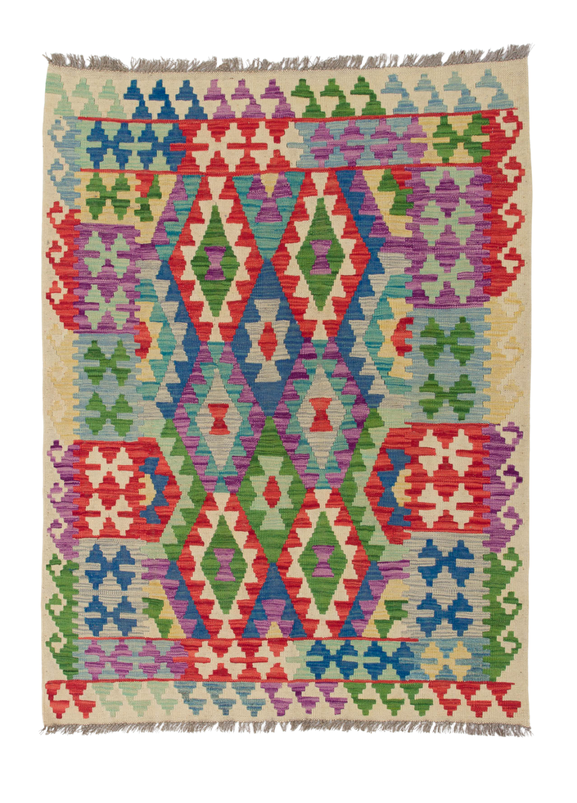 The Tribal Essence - Handwoven Kilim is a colorful flatweave rug with geometric diamond patterns in red, green, blue, purple, and cream. Symmetrical designs and short edge fringe add to its charm.