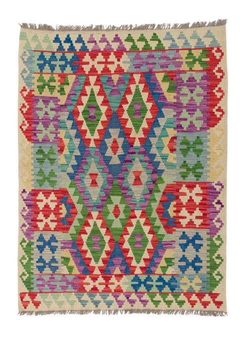 Load image 1 in gallery view. The Tribal Essence - Handwoven Kilim is a colorful flatweave rug with geometric diamond patterns in red, green, blue, purple, and cream. Symmetrical designs and short edge fringe add to its charm.