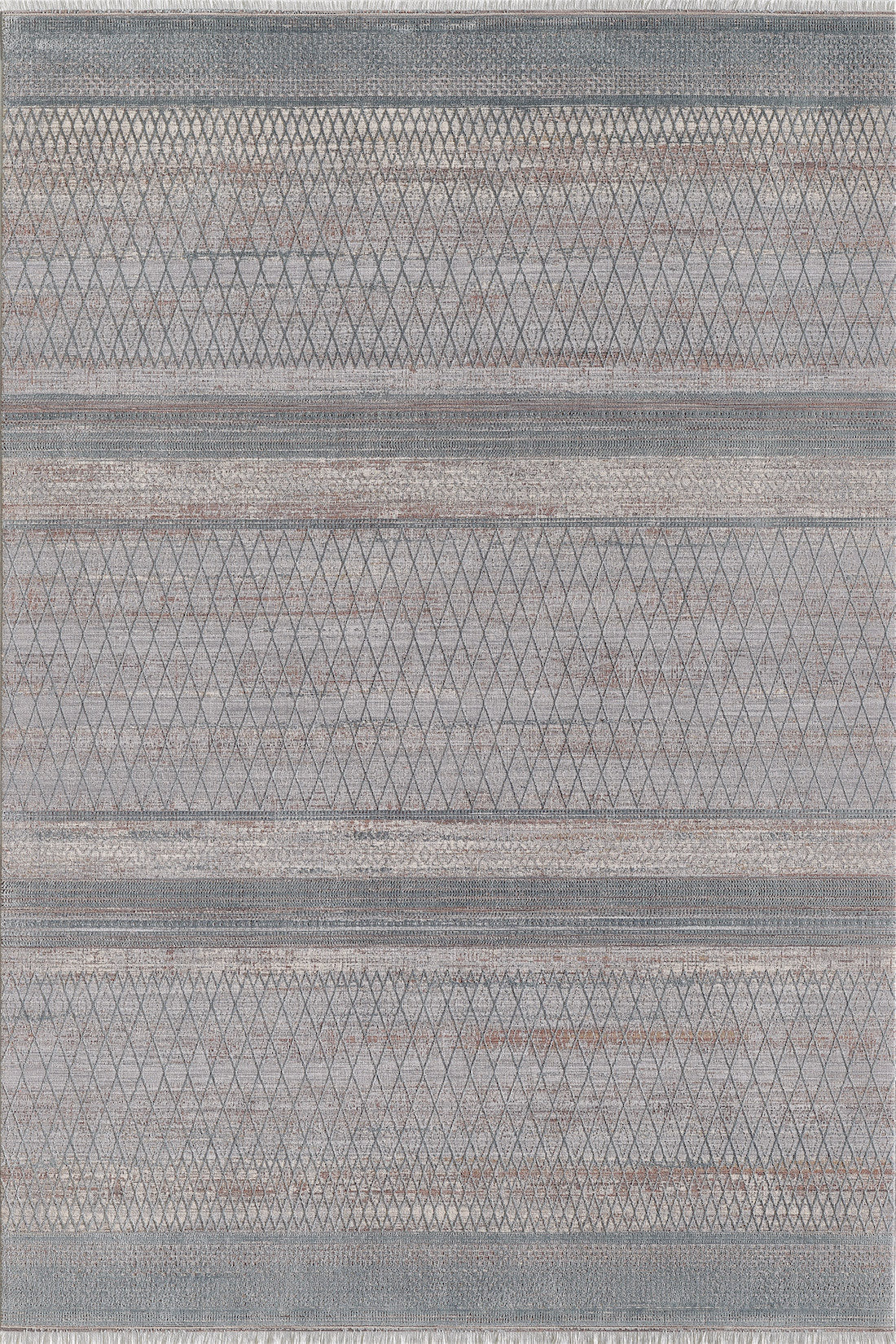 The Tribal Essence Trellis Rug - HRD005 is a rectangular, machine-made rug with horizontal rows of diamond and zigzag patterns in muted gray and beige tones. Its symmetrical geometric design gives this area rug a modern, elegant look.