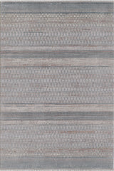 The Tribal Essence Trellis Rug - HRD005 is a rectangular, machine-made rug with horizontal rows of diamond and zigzag patterns in muted gray and beige tones. Its symmetrical geometric design gives this area rug a modern, elegant look.