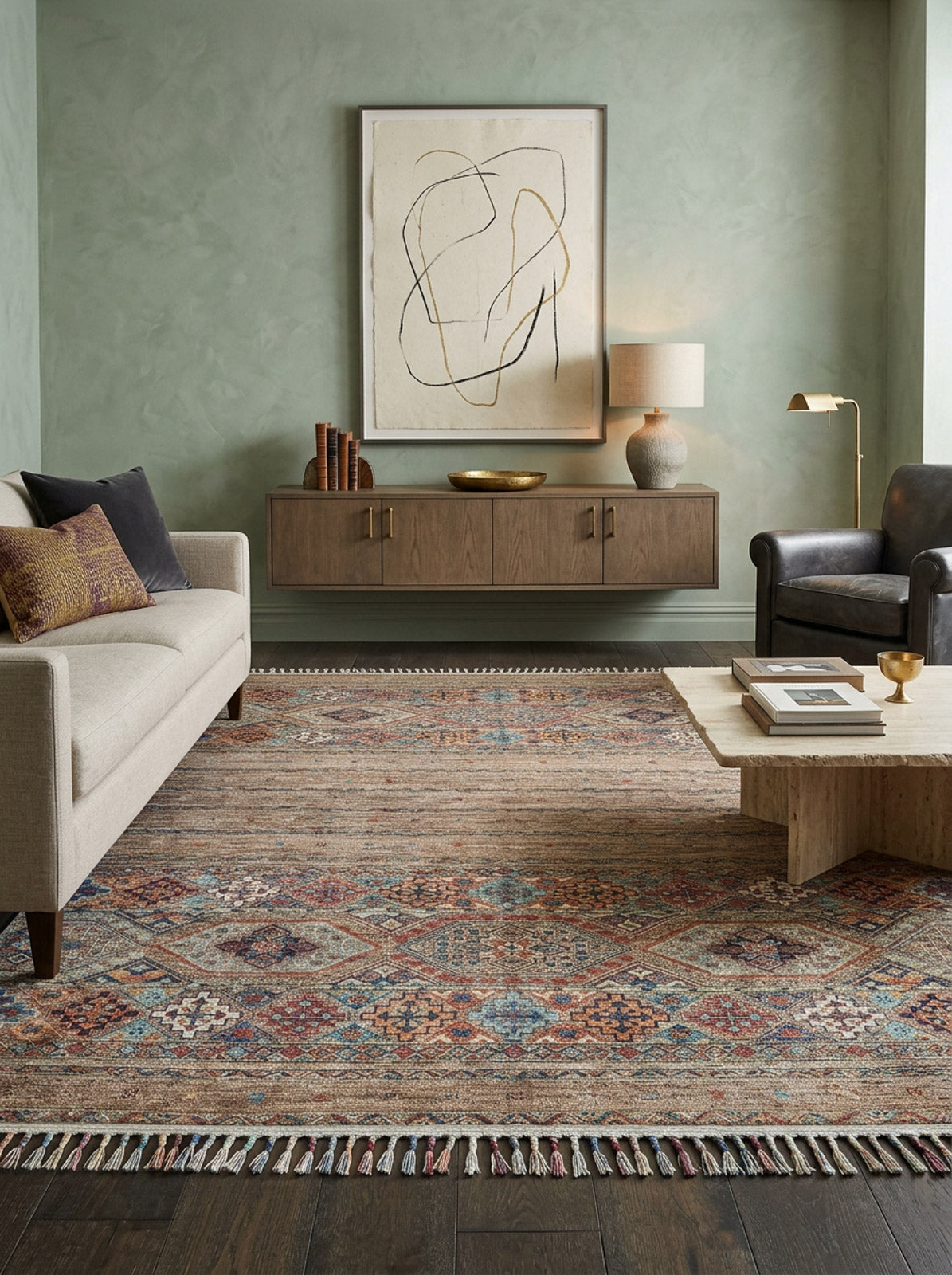 A modern living room featuring a beige sofa, dark armchair, stone coffee table, and the Tribal Tango - Washable Rug - JR5089—ideal for high-traffic areas—plus a floating wood console with decor, lamp, and abstract art on a green wall.