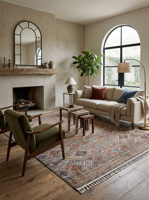 Load image 1 in gallery view. A cozy living room features a beige sofa with cushions and throw, two green armchairs, the Tribal Tango - Washable Rug - JR5089 ideal for high-traffic areas, a floor lamp, fireplace with mirror above, nested tables, a potted plant, and an arched window.