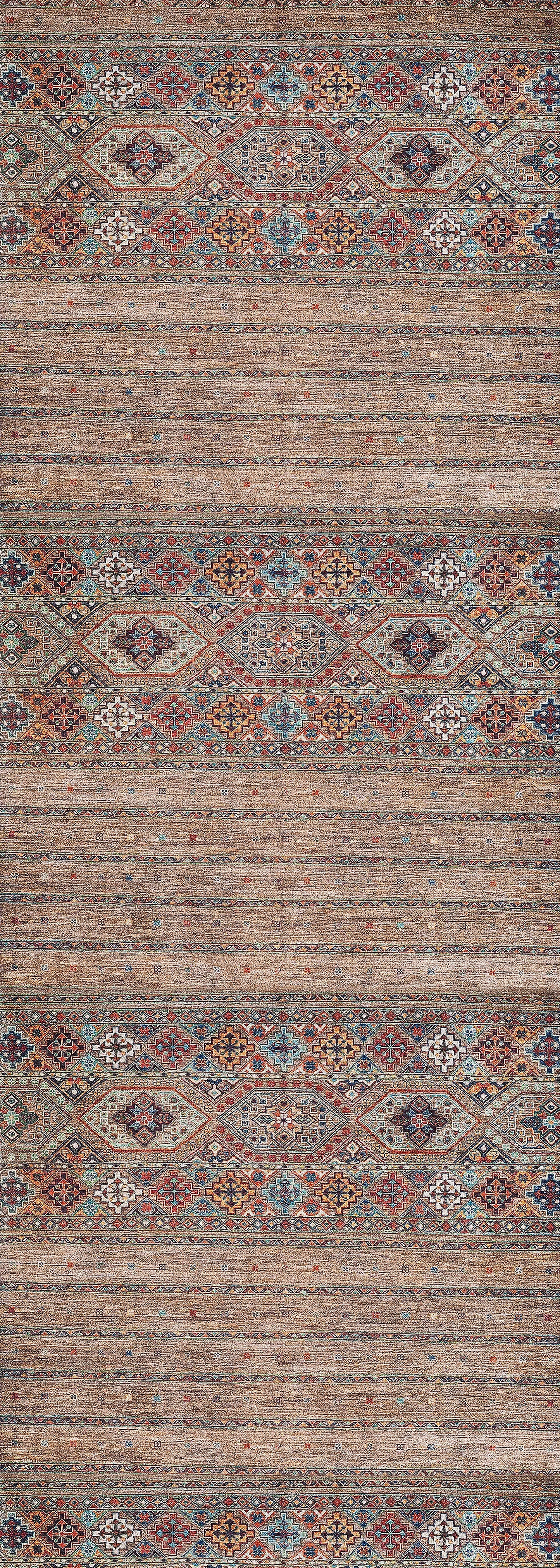 The Tribal Tango - Washable Rug - JR5089 features a rectangular, bronze and brown design with three geometric bands, a textured background, and rustic woven look—perfect for high-traffic areas and easy to clean.