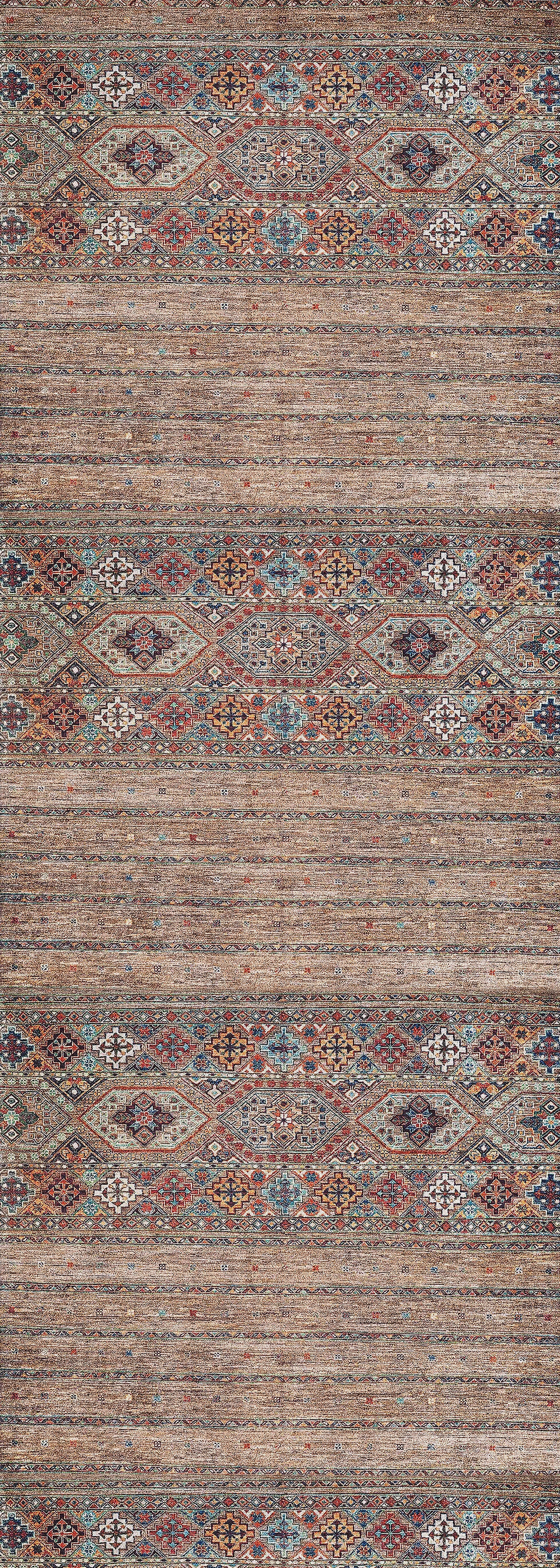 The Tribal Tango - Washable Rug - JR5089 features a rectangular, bronze and brown design with three geometric bands, a textured background, and rustic woven look—perfect for high-traffic areas and easy to clean.