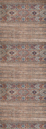 The Tribal Tango - Washable Rug - JR5089 features a rectangular, bronze and brown design with three geometric bands, a textured background, and rustic woven look—perfect for high-traffic areas and easy to clean.