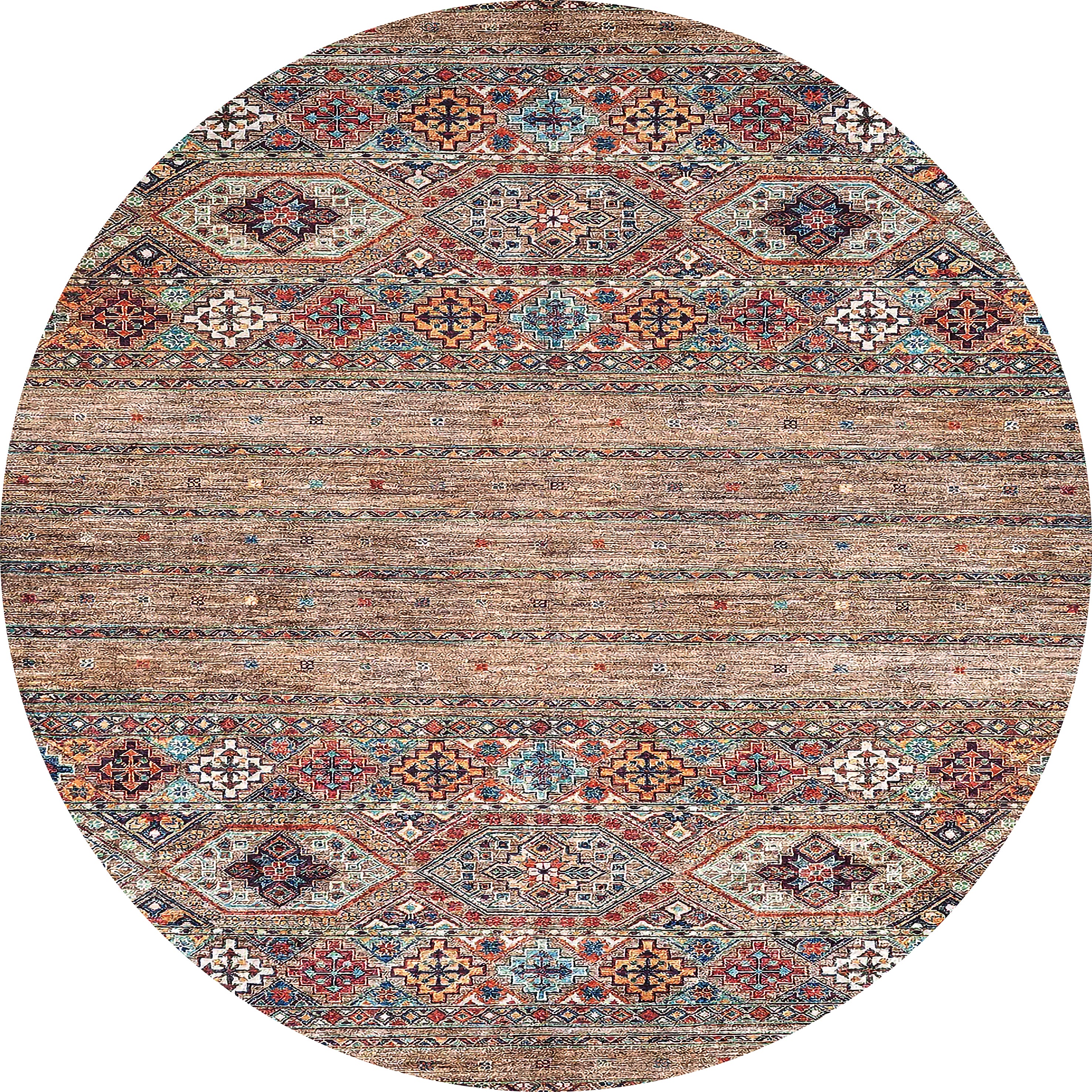 The Tribal Tango - Washable Rug - JR5089 features intricate geometric and floral patterns in earthy brown, red, blue, and cream. With central horizontal bands and detailed borders, it’s durable and ideal for high-traffic areas.