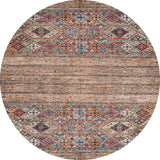 The Tribal Tango - Washable Rug - JR5089 features intricate geometric and floral patterns in earthy brown, red, blue, and cream. With central horizontal bands and detailed borders, it’s durable and ideal for high-traffic areas.