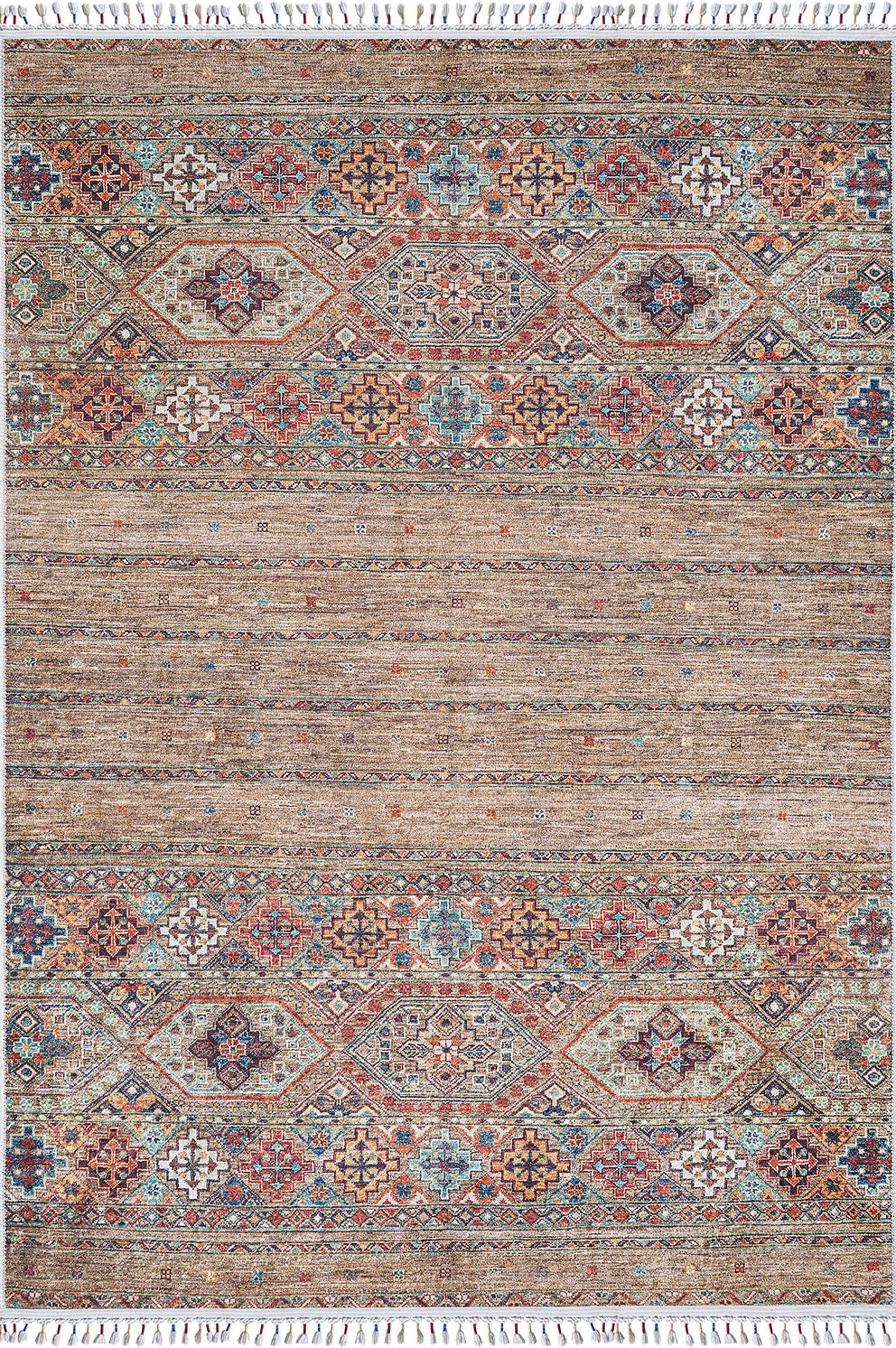 The Tribal Tango - Washable Rug - JR5089 (Custom Size) is a rectangular rug with geometric and floral patterns in red, blue, beige, bronze, and brown, two decorative borders, fringed edges—perfect for high-traffic areas.