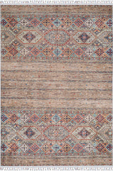 The Tribal Tango - Washable Rug - JR5089 (Custom Size) is a rectangular rug with geometric and floral patterns in red, blue, beige, bronze, and brown, two decorative borders, fringed edges—perfect for high-traffic areas.