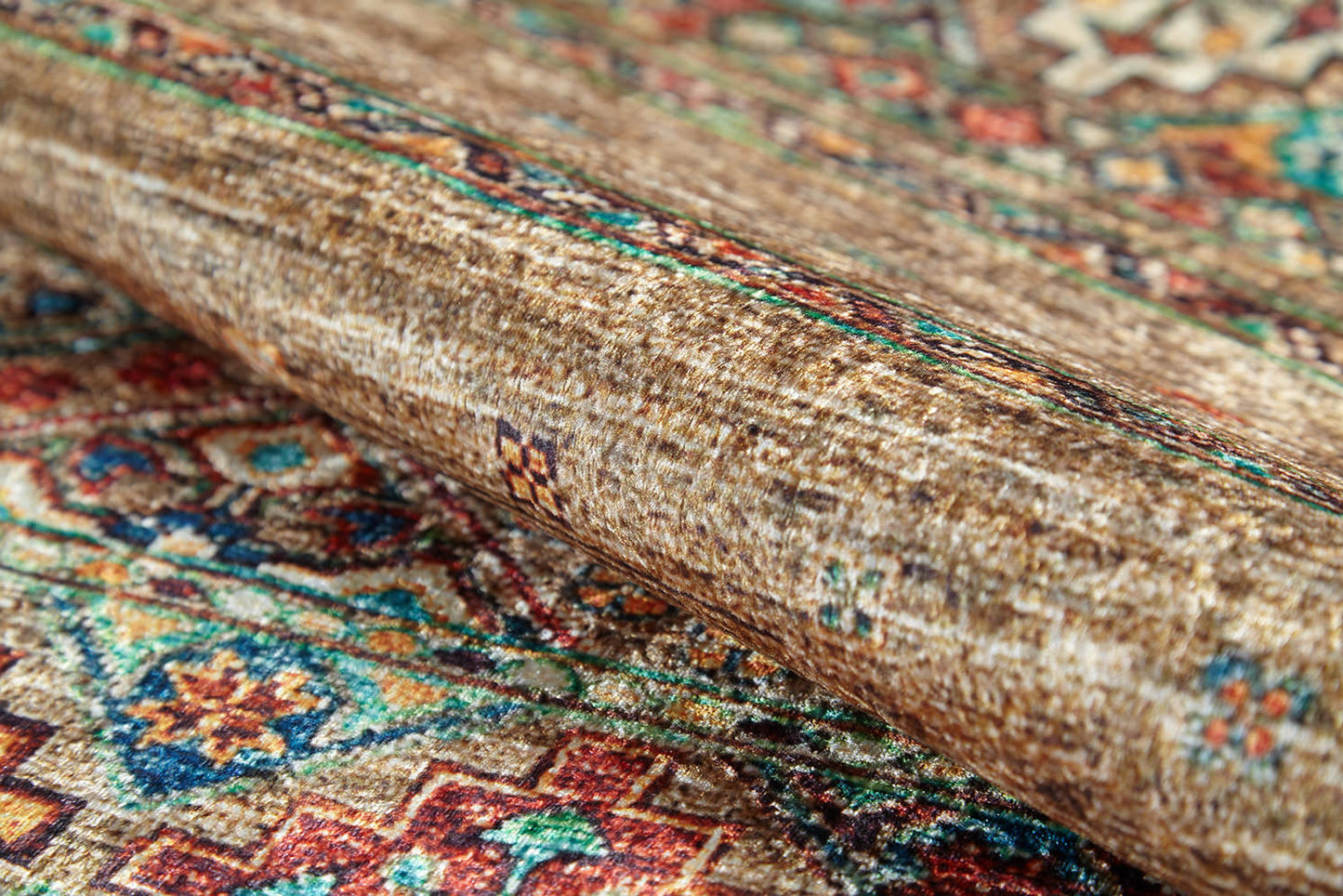 A close-up of the Tribal Tango - Washable Rug - JR5089 (Custom Size) shows its intricate red, blue, green, and yellow geometric and floral patterns on a brown background. The woven texture is clearly visible—perfect for high-traffic areas.
