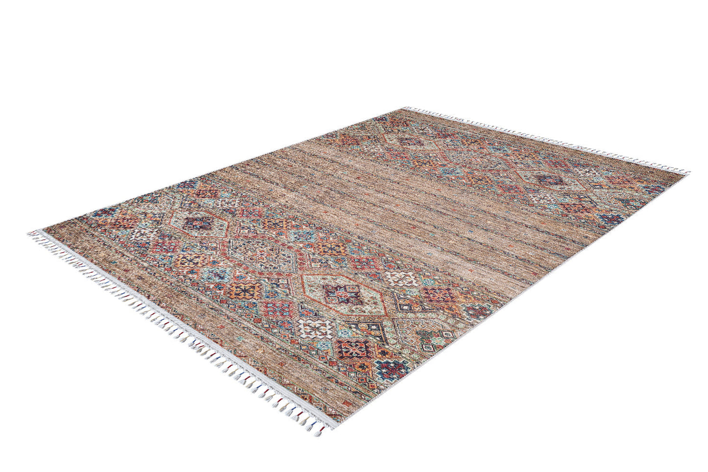 The Tribal Tango - Washable Rug - JR5089 (Custom Size) features a traditional geometric pattern in red, blue, and tan on a neutral background. Its durable, fringed design is perfect for high-traffic areas and lays flat for easy placement.