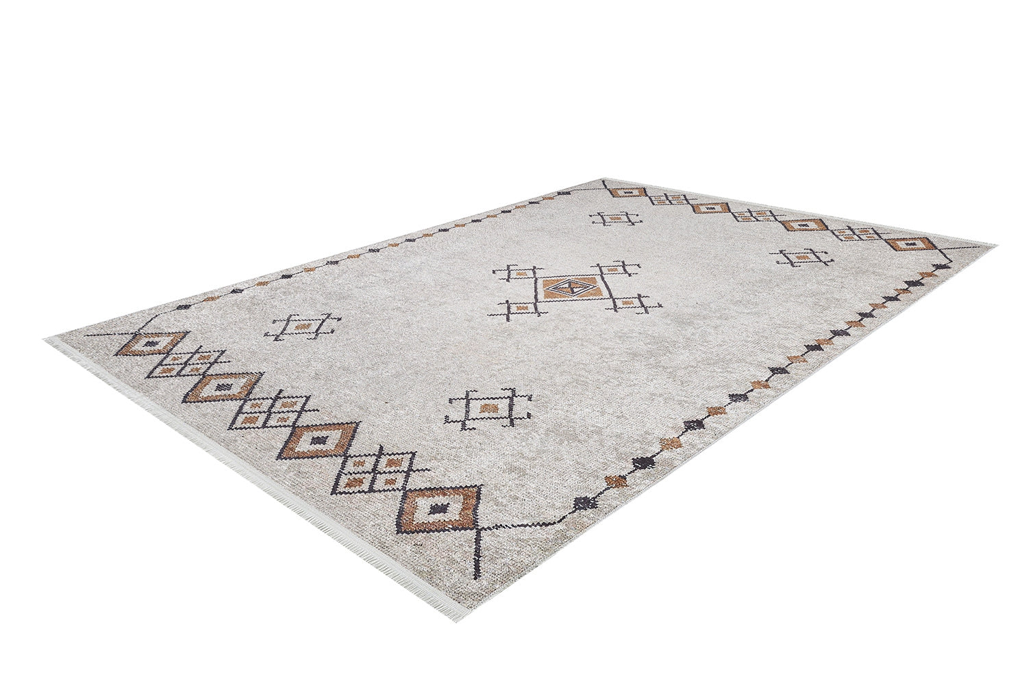 The Tribal Tassel - Washable Rug - JR1683 (Custom Size) is a rectangular, allergy-sensitive rug with a light beige background and geometric diamond and square patterns in brown, black, and tan along the border and center.
