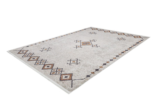 Load image 1 in gallery view. The Tribal Tassel - Washable Rug - JR1683 (Custom Size) is a rectangular, allergy-sensitive rug with a light beige background and geometric diamond and square patterns in brown, black, and tan along the border and center.