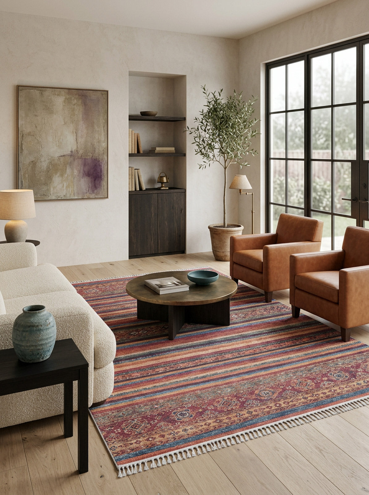 A modern living room features a large window, two tan armchairs, a white textured sofa, a round wooden coffee table, and the Tropic Thunder - Washable Rug - JR5077 (Custom Size). Minimalist decor includes books, pottery, and a potted plant.