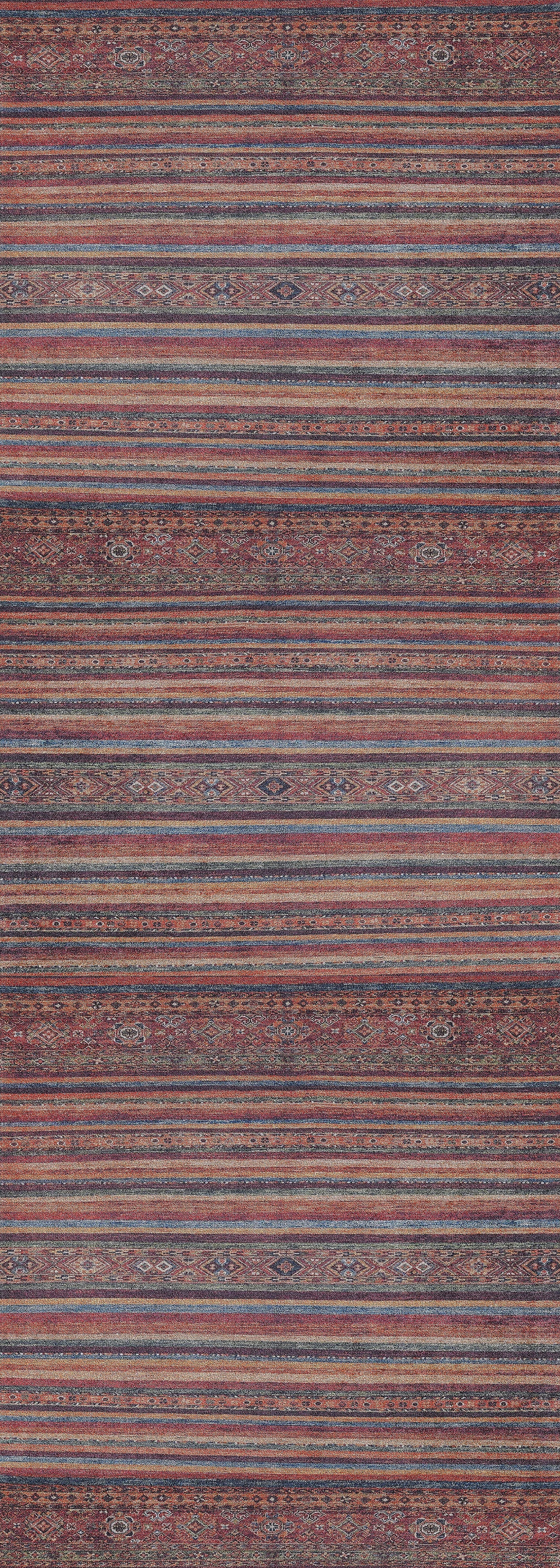 The Tropic Thunder - Washable Rug - JR5077 features multicolor horizontal stripes in earth tones with subtle patterns and a vintage, slightly worn look—perfect for adding style to high-traffic areas.