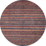 The Tropic Thunder - Washable Rug - JR5077 is an oval multicolor rug with earthy horizontal stripes and tribal patterns in red, orange, blue, brown, and beige—durable and ideal for high-traffic areas.