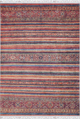 The Tropic Thunder - Washable Rug - JR5077 (Custom Size) features multicolor horizontal stripes in warm red, orange, and blue tones with geometric and diamond patterns, plus short white fringe. It's allergy-friendly and easy to clean.
