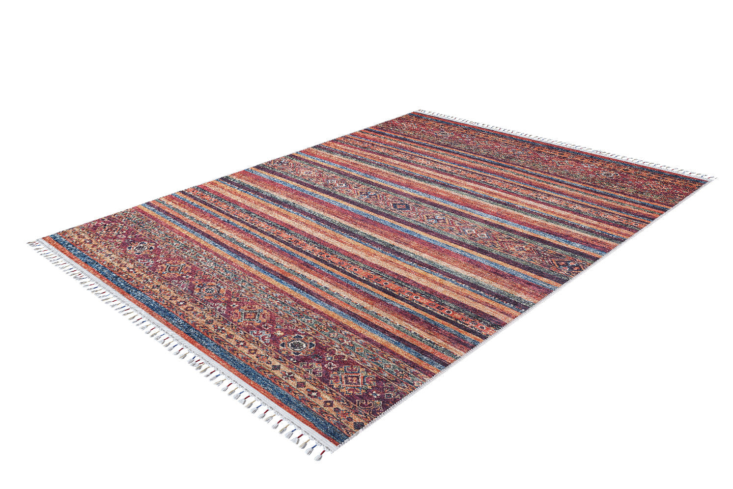 The Tropic Thunder - Washable Rug - JR5077 (Custom Size) features multicolor horizontal stripes, geometric patterns, and white fringes. Blending reds, blues, oranges, and earth tones, it offers vibrant style and is allergy-friendly.