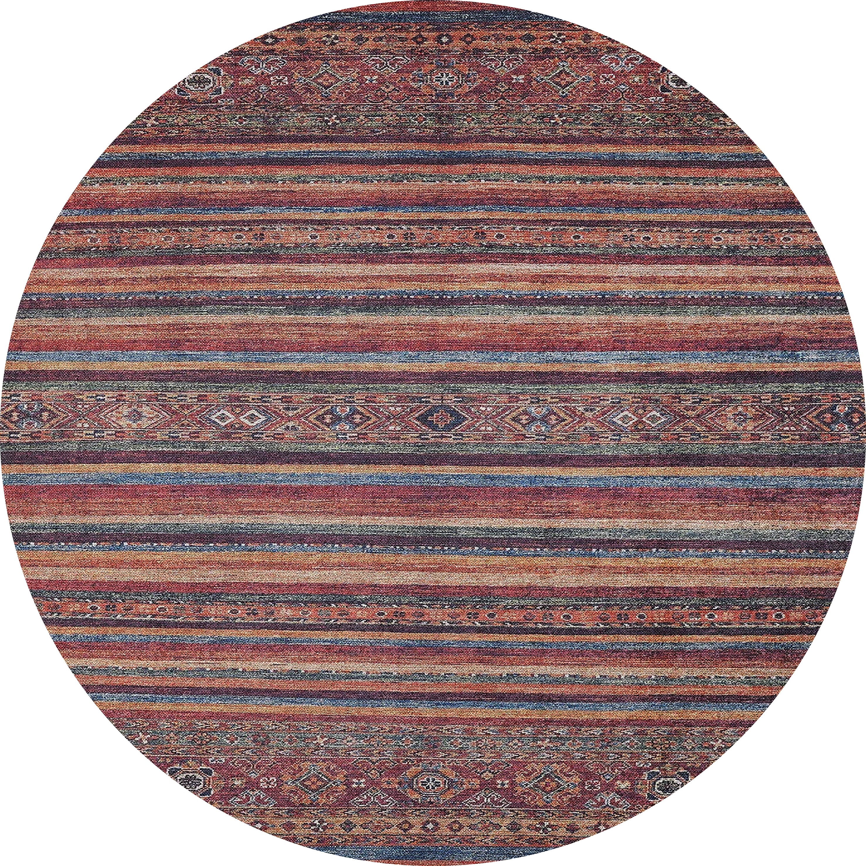 The Tropic Thunder - Washable Rug - JR5077 (Custom Size) features an oval shape with multicolor horizontal stripes in red, orange, blue, and beige plus geometric diamond patterns—ideal for adding vibrant style to any room.