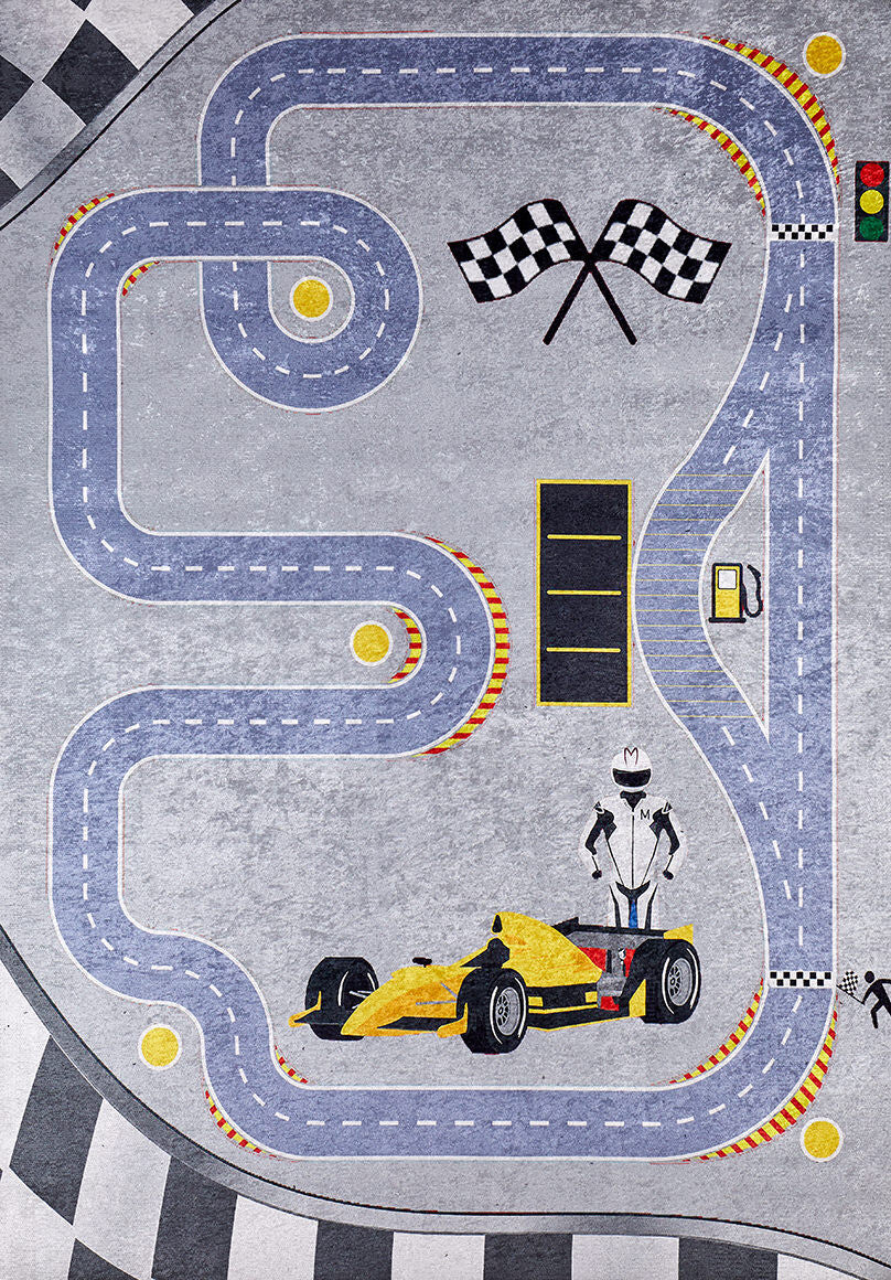 Illustration of winding race tracks, a yellow race car, and checkered flags on a gray background. The Turbo Tracks - Machine-Washable Rug JRC089 (Custom Size) features a flat weave that adds fun to any playroom or kid’s space.