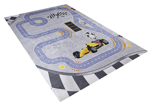 Load image 1 in gallery view. The Turbo Tracks - Machine-Washable Rug JRC089 (Custom Size) is a flat weave gray-anthracite rug with a racetrack, yellow race car, driver, checkered flags, road markings, and playful details—perfect for playtime and easy to clean.