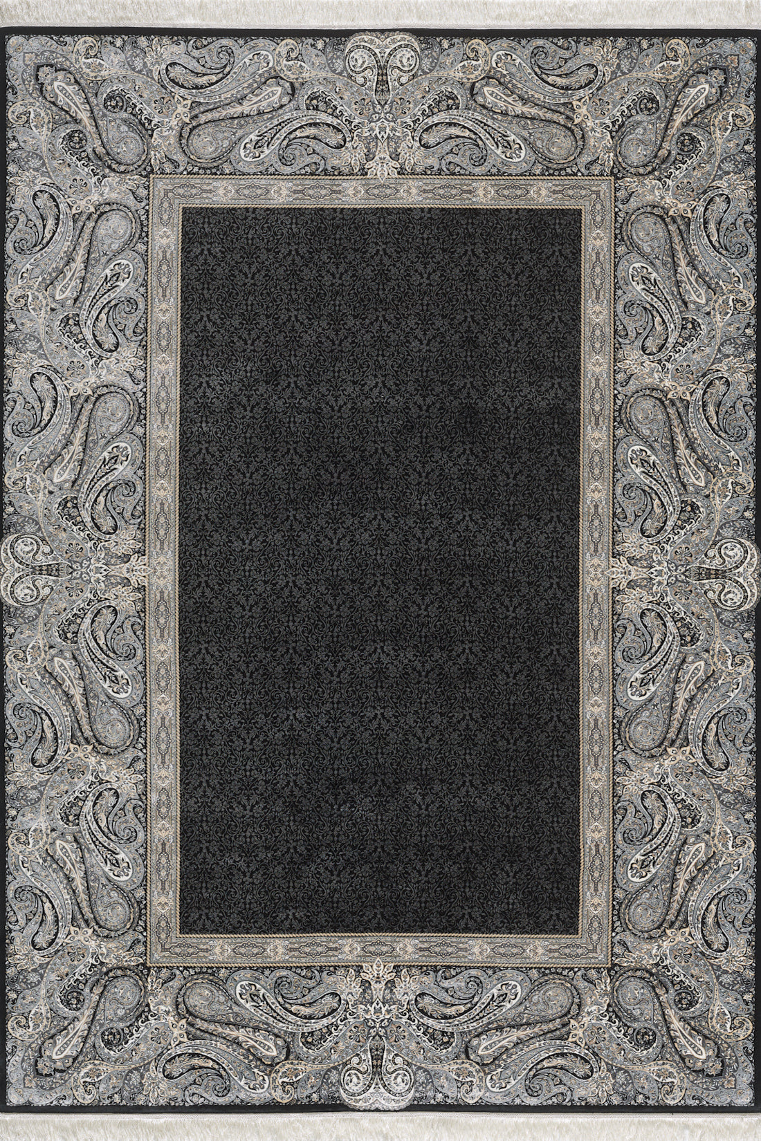 The Turkish Mirage Silk Medallion Rug - Obsidian - 1168D features a rectangular design with a dark, intricate central medallion, wide gray and beige paisley borders, and detailed swirls plus elegant floral accents along the edges.