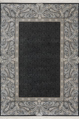The Turkish Mirage Silk Medallion Rug - Obsidian - 1168D features a rectangular design with a dark, intricate central medallion, wide gray and beige paisley borders, and detailed swirls plus elegant floral accents along the edges.