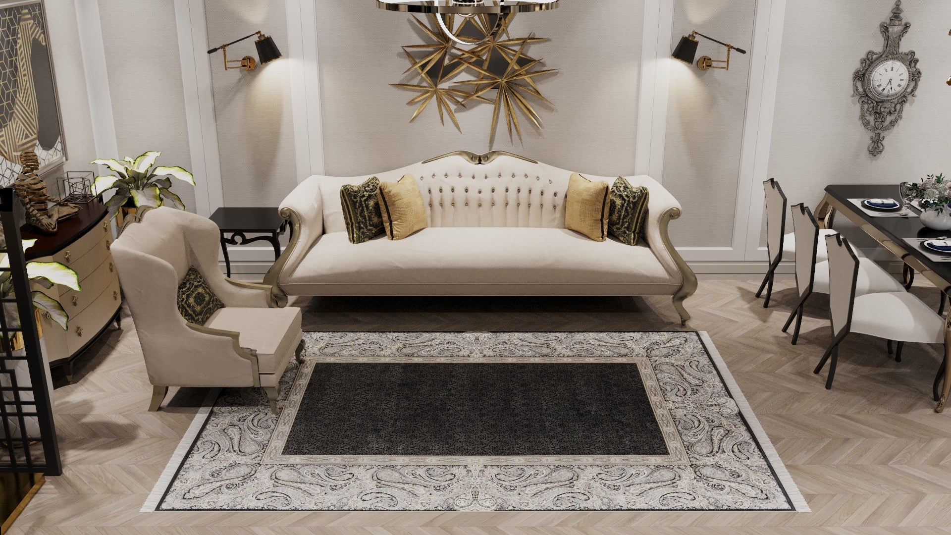 Elegant living room featuring a cream tufted sofa, gold and black pillows, an armchair, wall art, and a modern dining table. The Turkish Mirage Silk Medallion Rug - Obsidian - 1168D adds luxury. Warm lighting and accents complete the look.