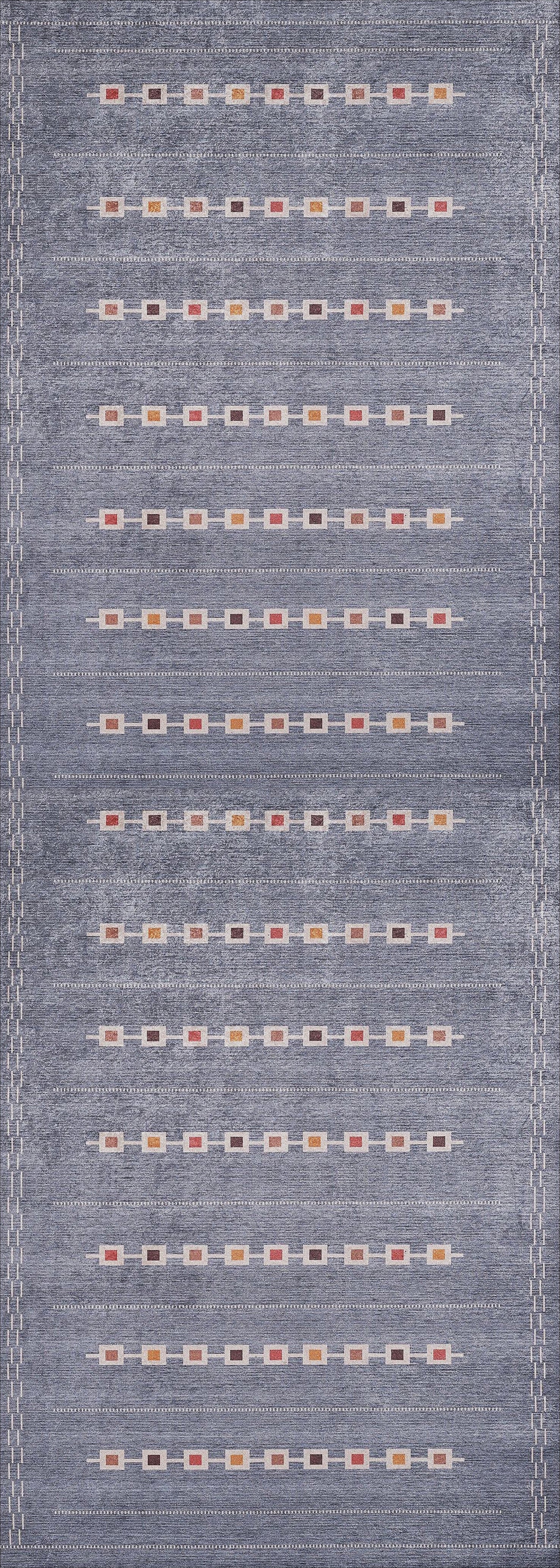 The Tuscan Villa - Washable Rug - JR5058 features a blue background with rows of colorful rectangles and white dashed lines on the border, creating a vibrant, practical design that's ideal for high-traffic areas.