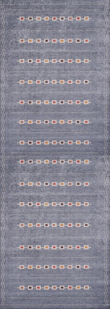The Tuscan Villa - Washable Rug - JR5058 features a blue background with rows of colorful rectangles and white dashed lines on the border, creating a vibrant, practical design that's ideal for high-traffic areas.