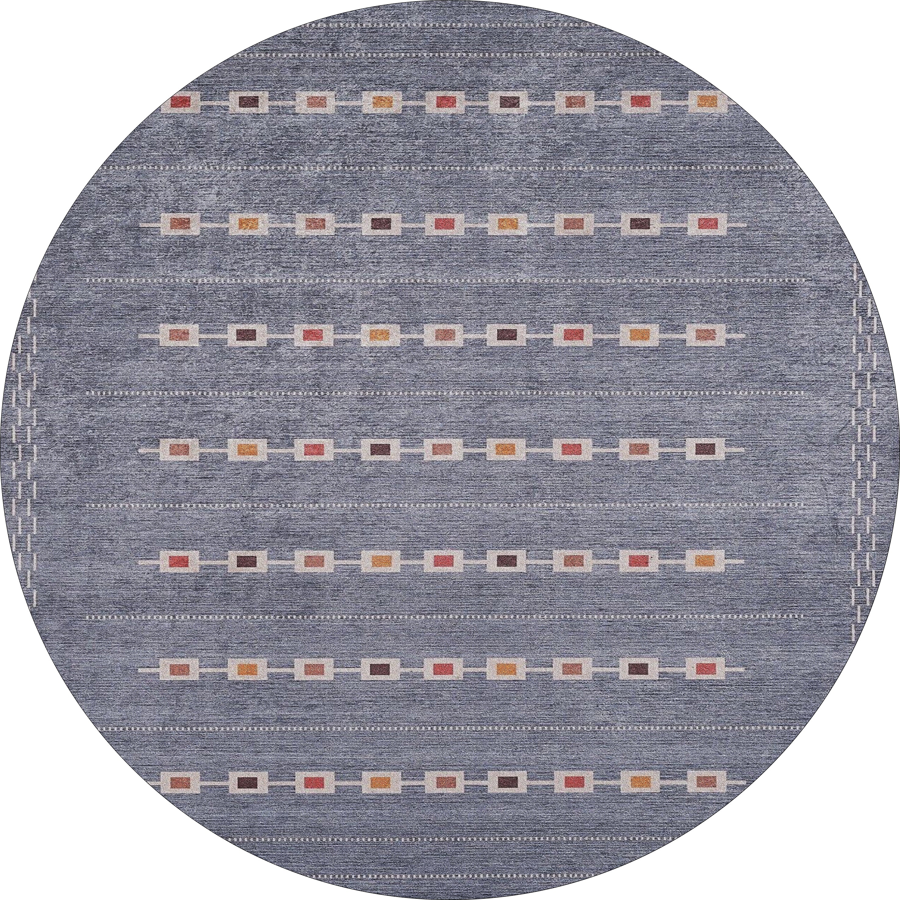 The Tuscan Villa - Washable Rug - JR5058 is a round gray-anthracite rug with rows of small, multicolored squares and rectangles—featuring red, yellow, brown, and beige accents—ideal for high-traffic areas.