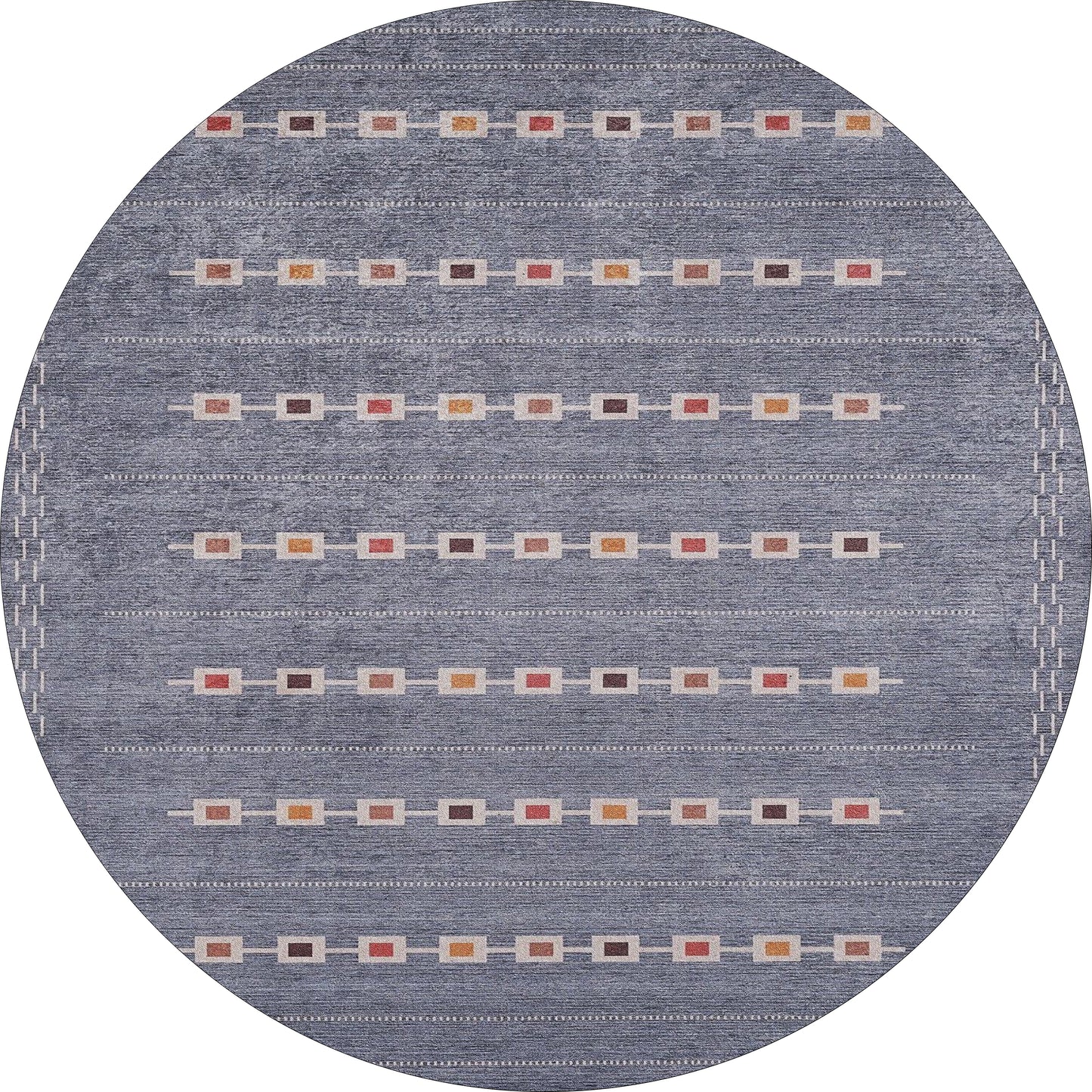 The Tuscan Villa - Washable Rug - JR5058 is a round gray-anthracite rug with rows of small, multicolored squares and rectangles—featuring red, yellow, brown, and beige accents—ideal for high-traffic areas.