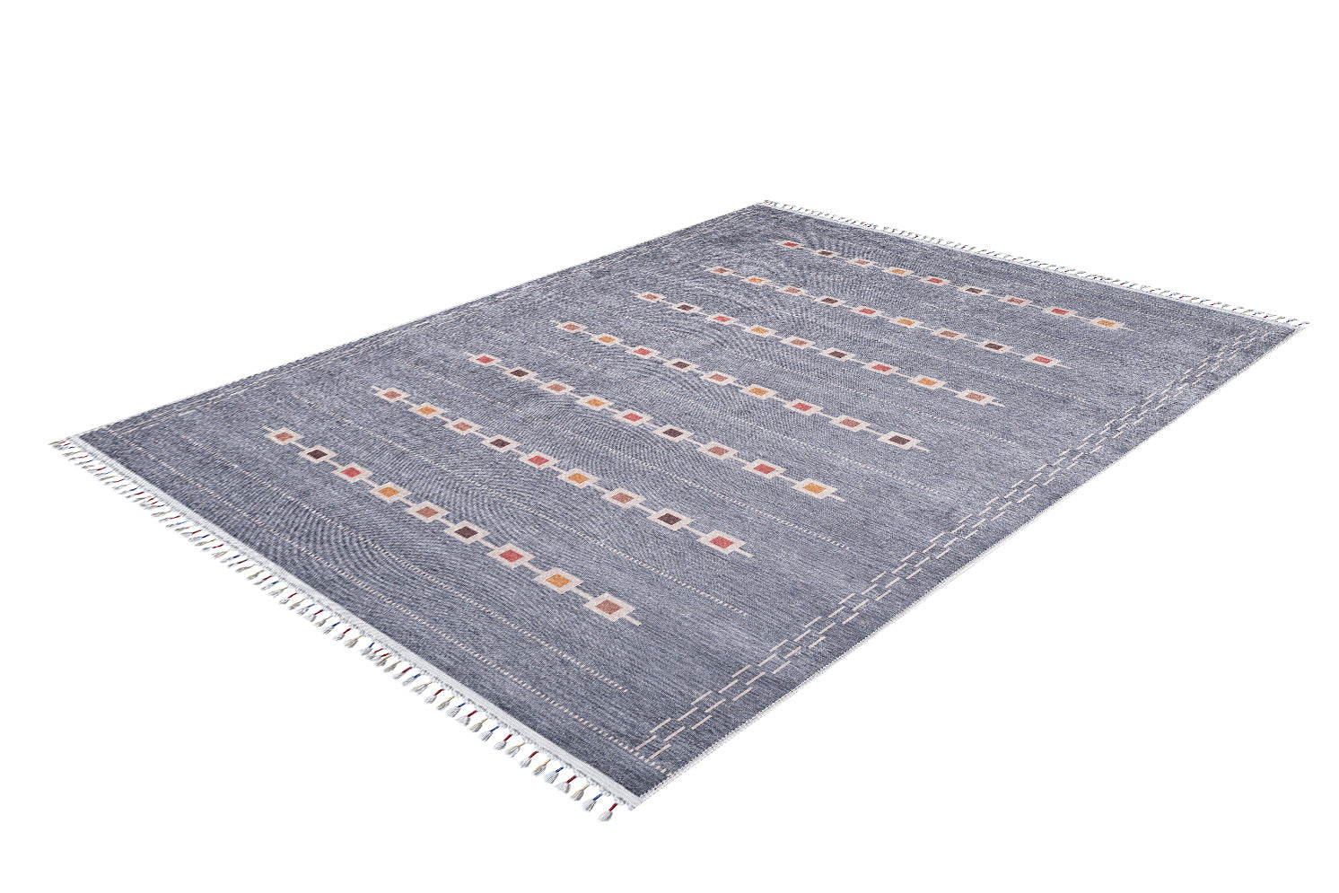 The Tuscan Villa - Washable Rug - JR5058 (Custom Size) features a rectangular gray-anthracite design with fringed edges and colorful square patterns, making it a stylish and durable choice for high-traffic areas.