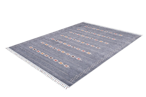 Load image 1 in gallery view. The Tuscan Villa - Washable Rug - JR5058 (Custom Size) features a rectangular gray-anthracite design with fringed edges and colorful square patterns, making it a stylish and durable choice for high-traffic areas.