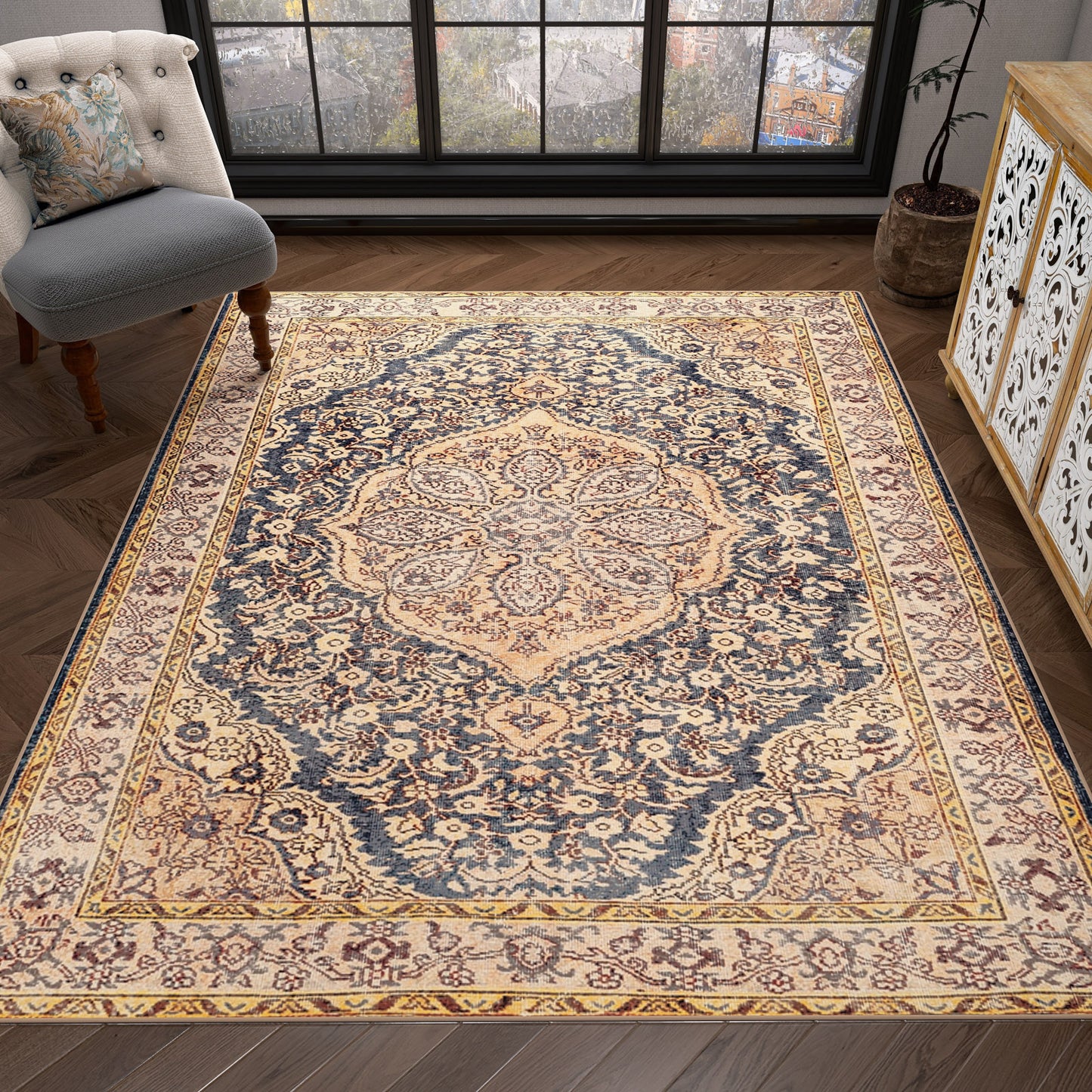 The Majestic Crest - Washable Rug - JRN1015 (Custom Size), featuring an intricate medallion design in navy, beige, and cream, adds elegance to traditional interiors with wood floors and classic furnishings.