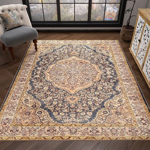 Load image 1 in gallery view. The Majestic Crest - Washable Rug - JRN1015 (Custom Size), featuring an intricate medallion design in navy, beige, and cream, adds elegance to traditional interiors with wood floors and classic furnishings.