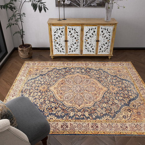 Load image 1 in gallery view. A living room with the Majestic Crest - Washable Rug - JRN1015 (Custom Size), a small wooden cabinet with white decorative doors, a potted plant, and a gray upholstered chair—ideal for traditional interiors.