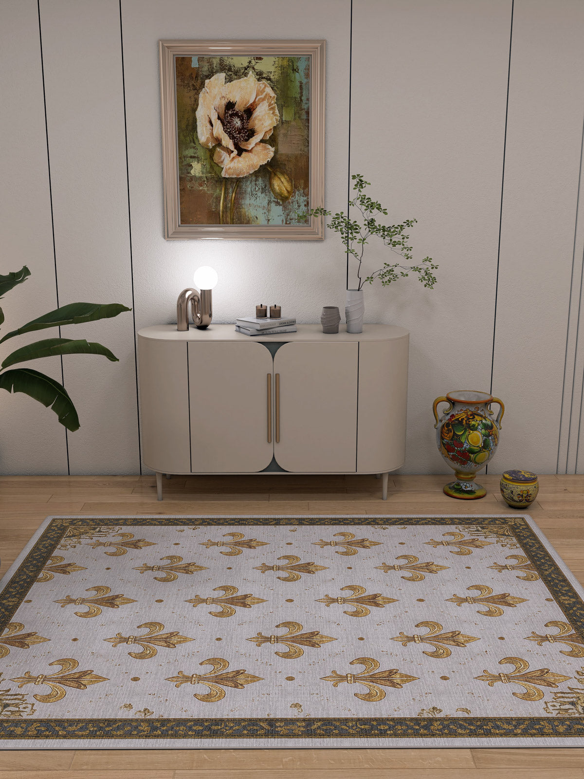 A modern living room with a white cabinet beneath art and decor features the Golden Crest - Washable Rug - JRS015 (Custom Size), allergy-sensitive and ideal for high-traffic areas on light wood floors with elegant gold patterns.