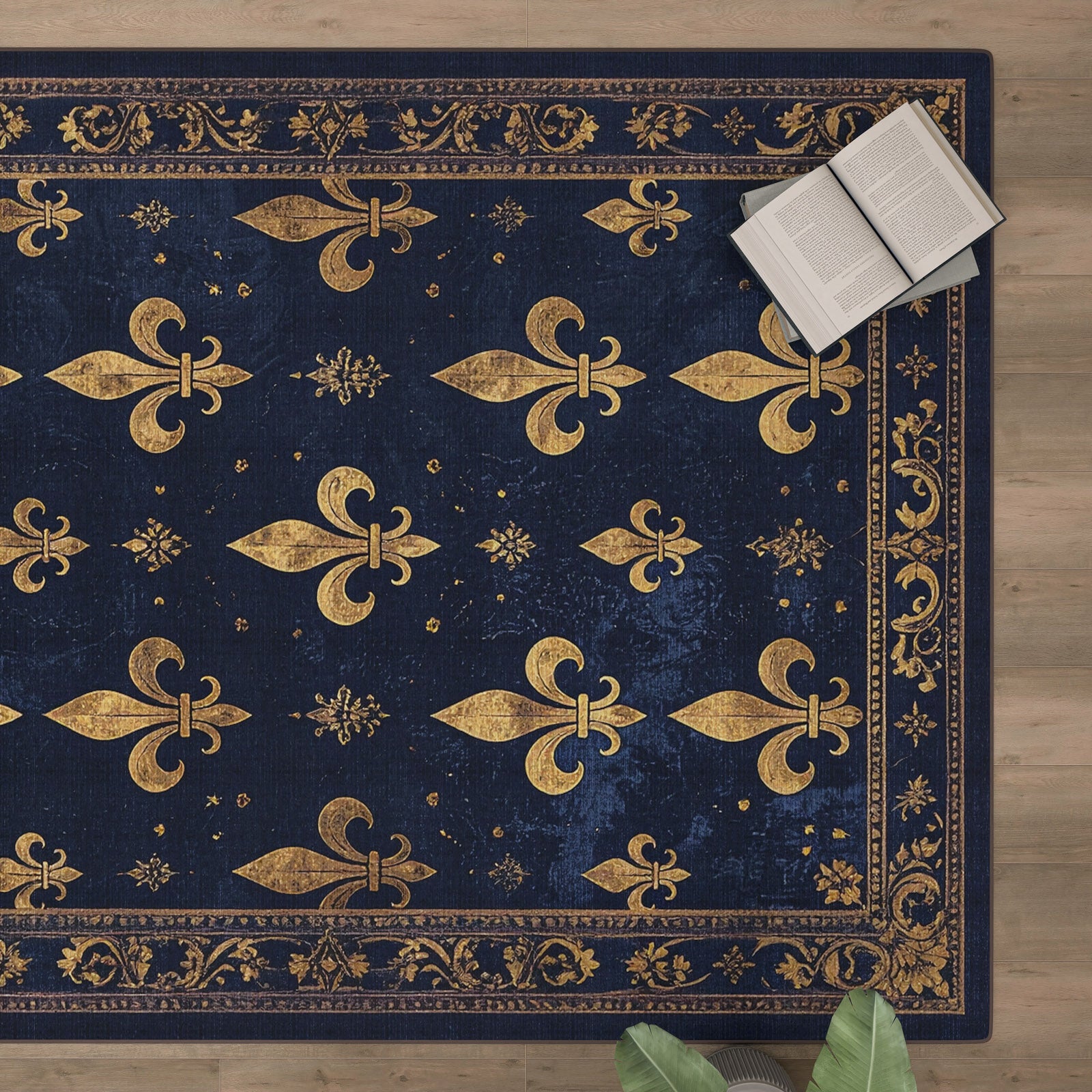 The Midnight Fleur - Washable Rug - JRS017 (Custom Size) in navy blue with gold fleur-de-lis patterns and ornate border rests on a wooden floor, styled with an open book, glasses, and a green plant—ideal for high-traffic areas.