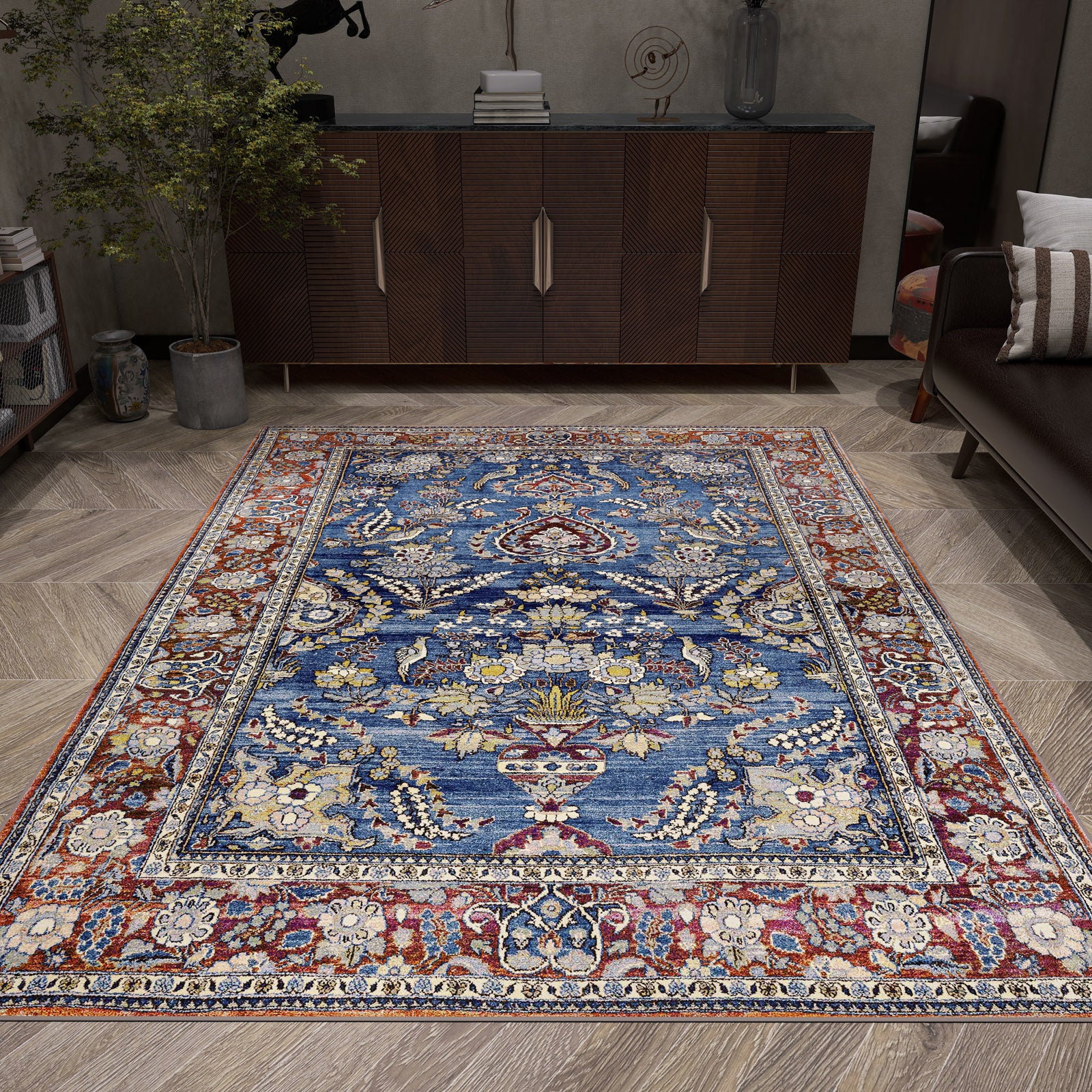 Imperial Medallion Bordered Blue Washable Rug | JUSTRUG