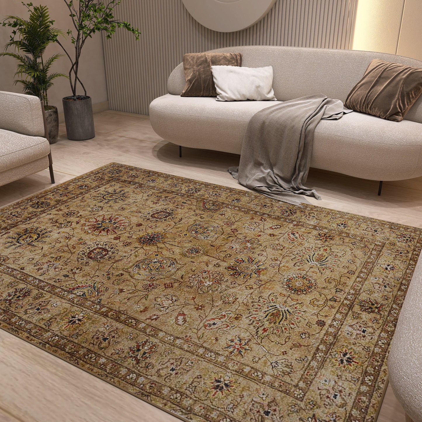 The Heritage Threads - Washable Rug - JRN1007 (Custom Size), featuring an intricate Oriental design in beige, is displayed on a light wooden floor in a modern living room with cream sofas, neutral cushions, a throw, and green potted plants.