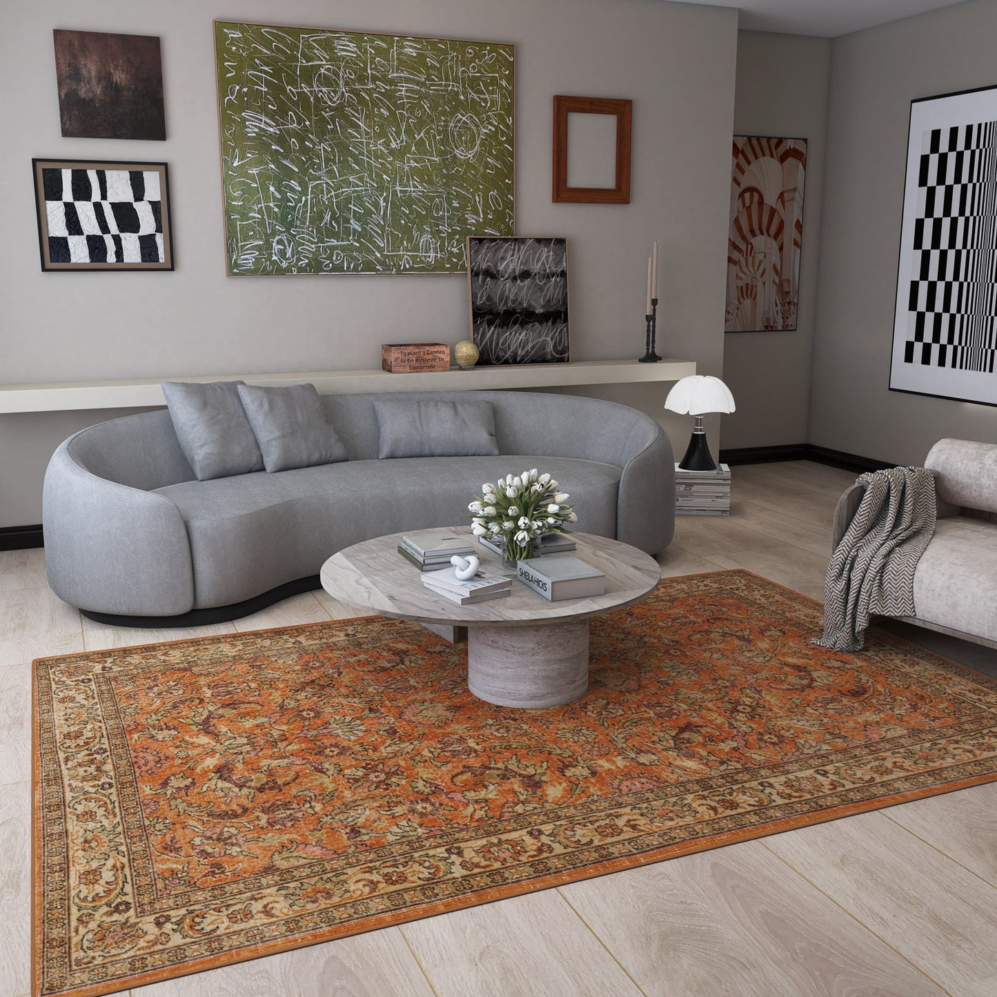 Burnt orange traditional rug with a distressed floral medallion pattern, styled in a modern living room.