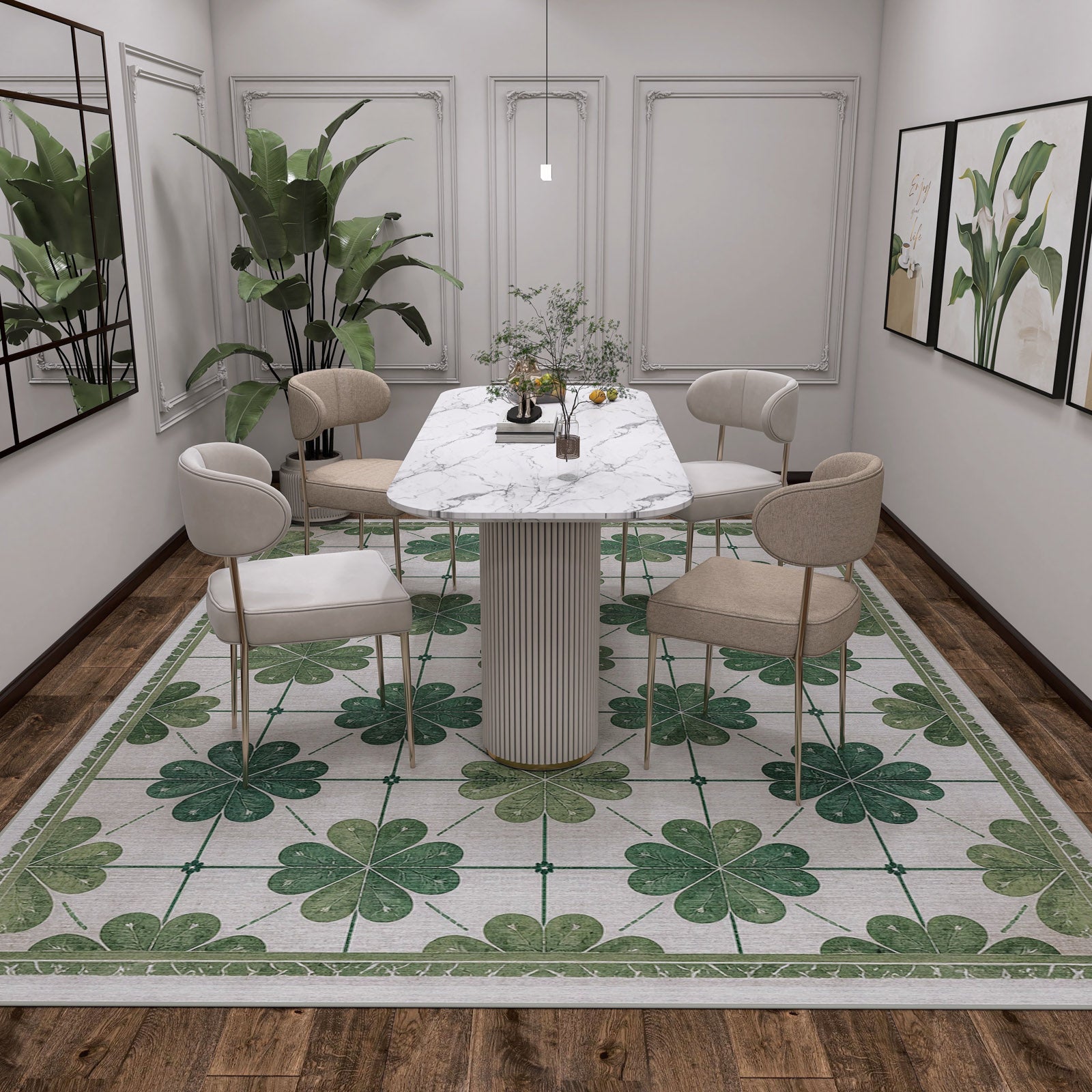 A modern dining room with a marble table, four beige chairs, green plants, wall art, and a wooden floor topped with the Emerald Charm - Washable Rug - JRS013 (Custom Size) featuring a green four-leaf clover pattern. Minimal, bright lighting.