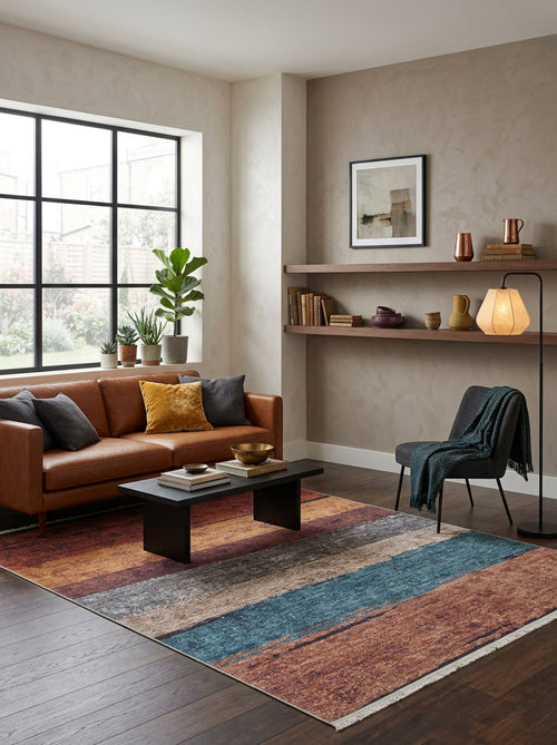 Load image 1 in gallery view. A modern living room with a brown leather sofa, the Urban Edge - Washable Rug - JR2005 for high-traffic areas, black coffee table, bookshelf, armchair, floor lamp, and a large window. Decor features books, plants, and pottery.
