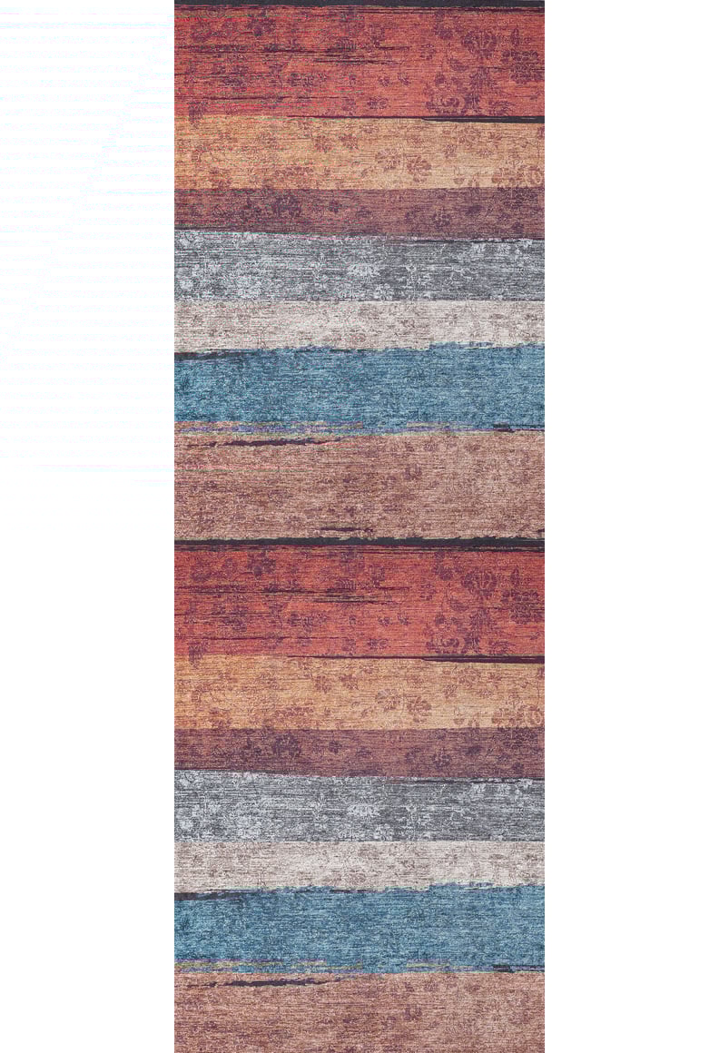 The Urban Edge - Washable Rug - JR2005 features a multicolor flat weave with horizontal wooden plank stripes in red, brown, gray, and blue—stylish and practical for any room.